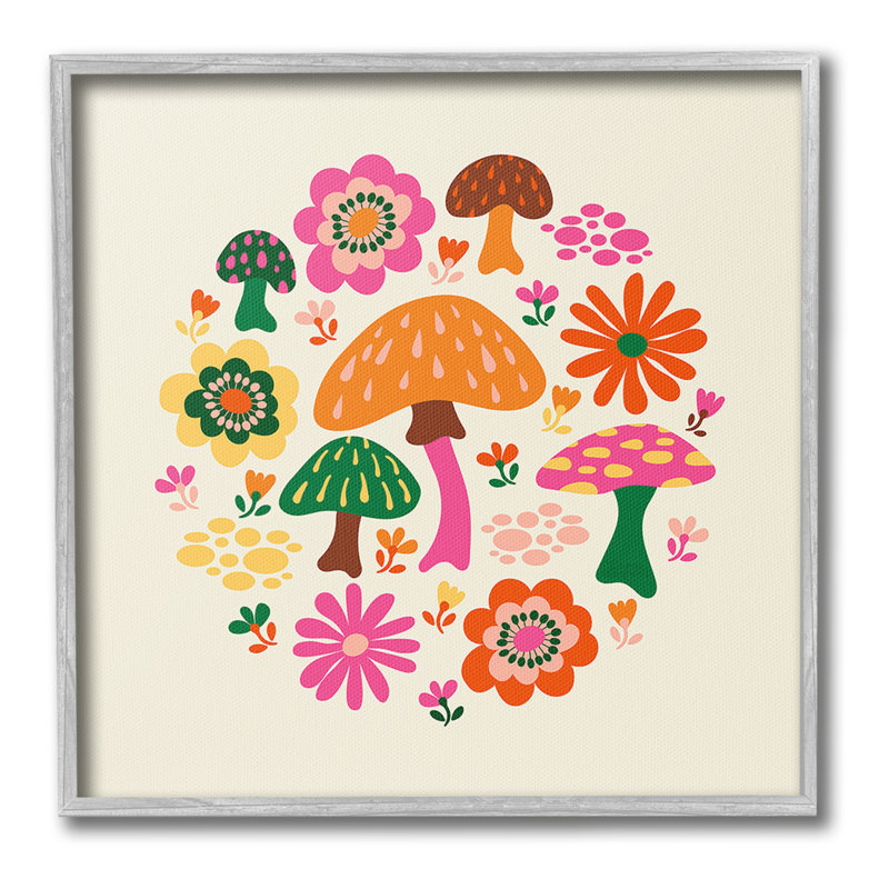 «Groovy Mushroom & Daisies», art de la giclée encadrée par Carrie Cantwell, Estampe numérique Farmhouse, H 17 po x l 17 po