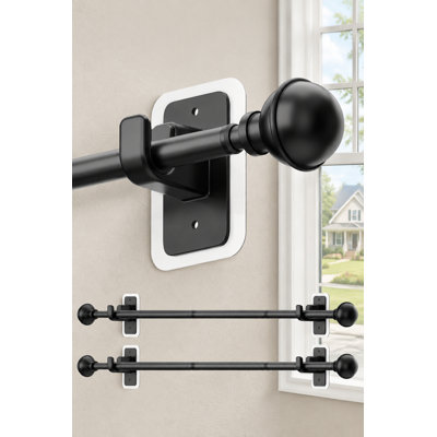2 Pack Black No-Drill Curtain Rods, Adjustable 28-48", with Sag-Resistant Renter-Friendly Support and Damage-Free Adhesive Installation on Smooth Surfaces; No Tools Needed for Apartment or Dorm