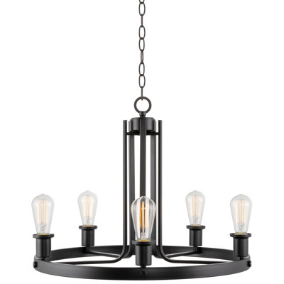 23" 5-Light Rustic Country Farmhouse Wagon Wheel Pendant Chandelier, Round Kitchen Island Light, Adjustable Height, Black Finish
