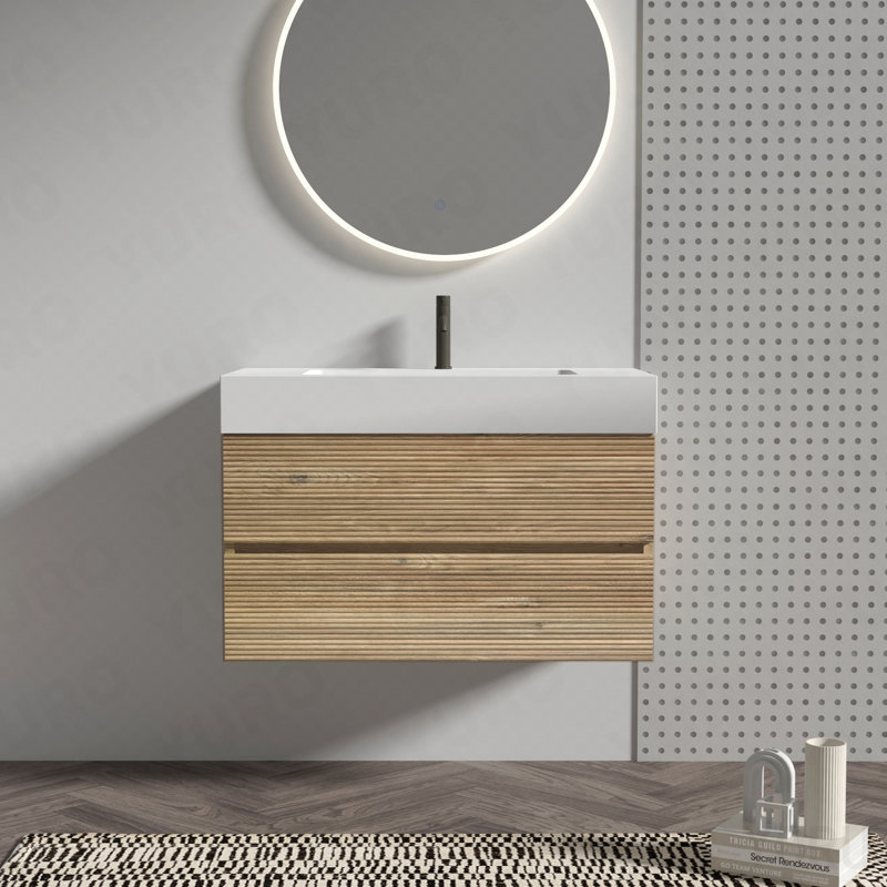 36"  Rough Oak+Rough Oak Bathroom Vanity With White Engineered Quartz Sink And Soft Drawers, Wall Mounted Floating Bathroom Vanity For Modern Bathroom, Without Drainage And Faucet, Kd