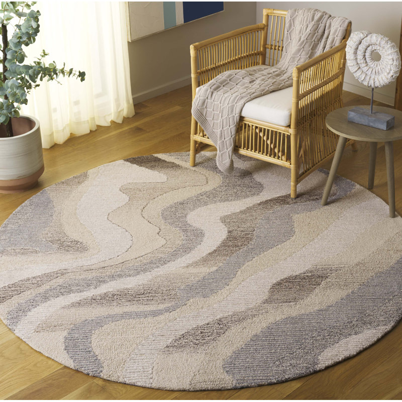 Elleora Ebony Hand Tufted Wool Cotton Abstract Rug in Beige/Ivory, Round 6'