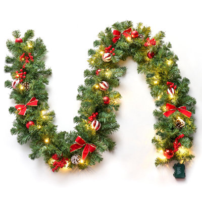 9Ft Christmas Garland Prelit with Lights, 50 Warm White LED, Xmas Tree Garland with 8 Lighting Modes, Decorated with Pinecones, Bows, Xmas Balls & Berries for Window Indoor Party Decorations