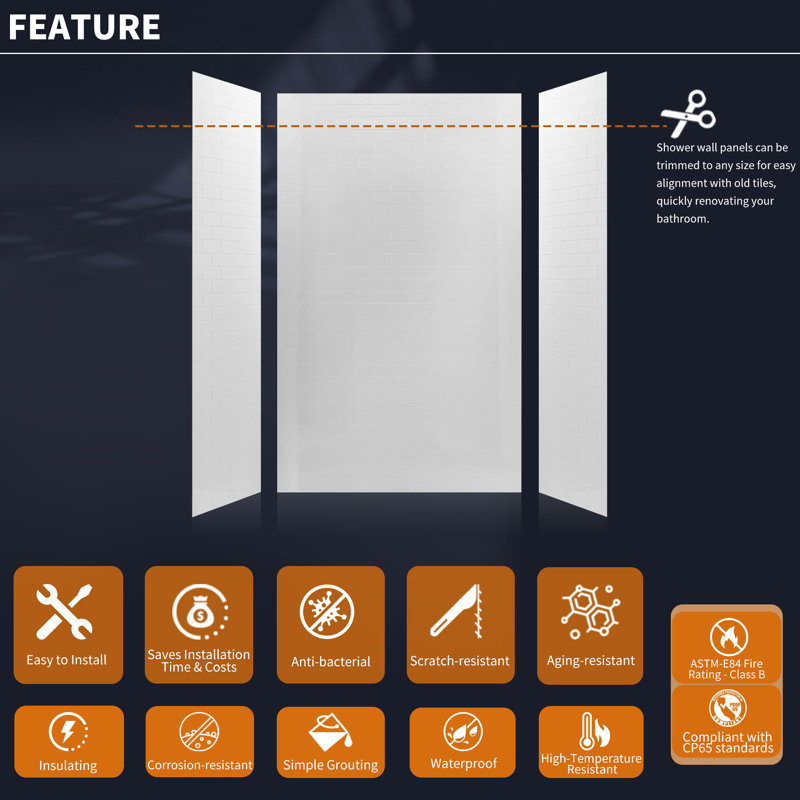 60" W 96" H Three Wall Composite Shower Wall Panel Surround - Seamless 60" Back Wall, 96" H x 60" W x 36" D