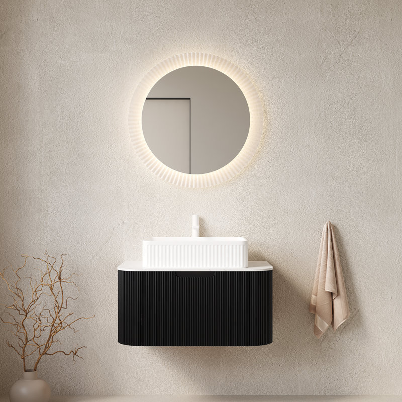 Meuble-lavabo mural de 30 po avec lavabo rectangulaire en céramique, façade de tiroir à rayures 3D et rangement à fermeture en douceur - Pré-assemblé