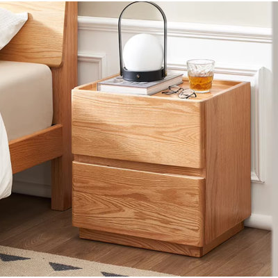 100% Solid Natural Oak Wood Nightstand, 2-Drawer Nordic Minimalist Freestanding Bedside Storage Cabinet, Natural Finish End Table for Bedroom Storage