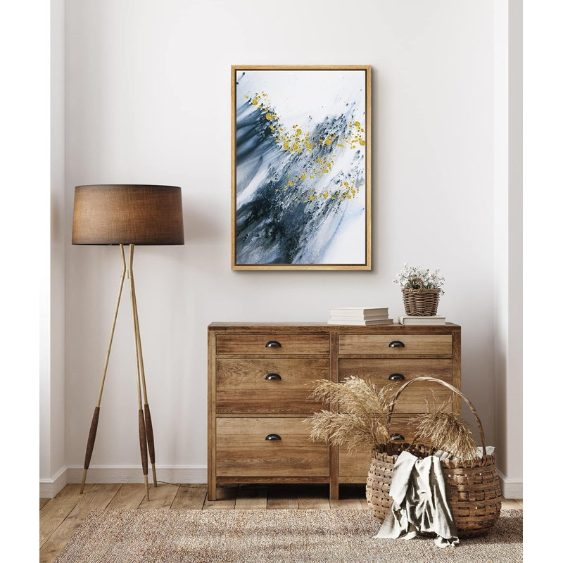 Coups de peinture bleue et formes géométriques à pois dorés - reproduction de cadre flottant sur toile