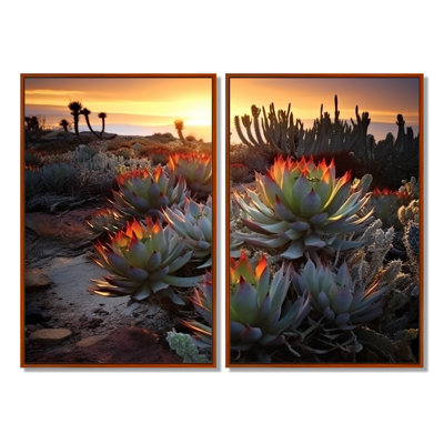 Succulent désert cactus champ brûlant au coucher du soleil III - grande décoration murale succulente
