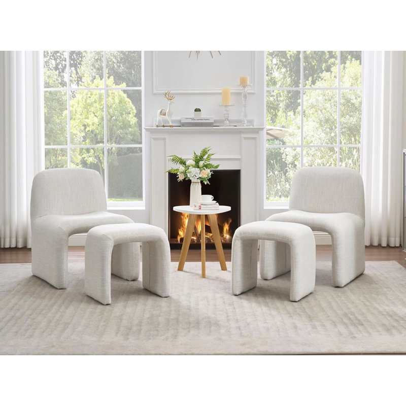 Contemporary Upholstered Accent Chair With Ottoman, Lin beige