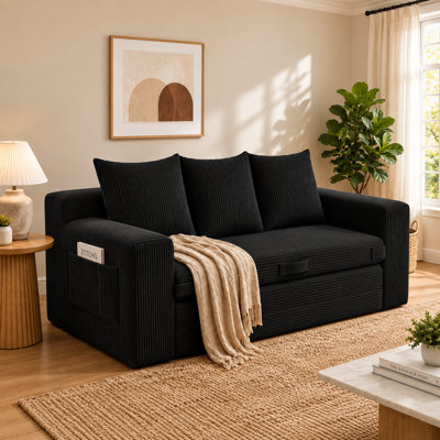 Canapé-lit 3-en-1 convertible 3 places désossé en velours côtelé avec futon, canapé-lit avec poches latérales, poignée et 3 coussins pour les petits salons et les chambres à coucher, aucun assemblage requis