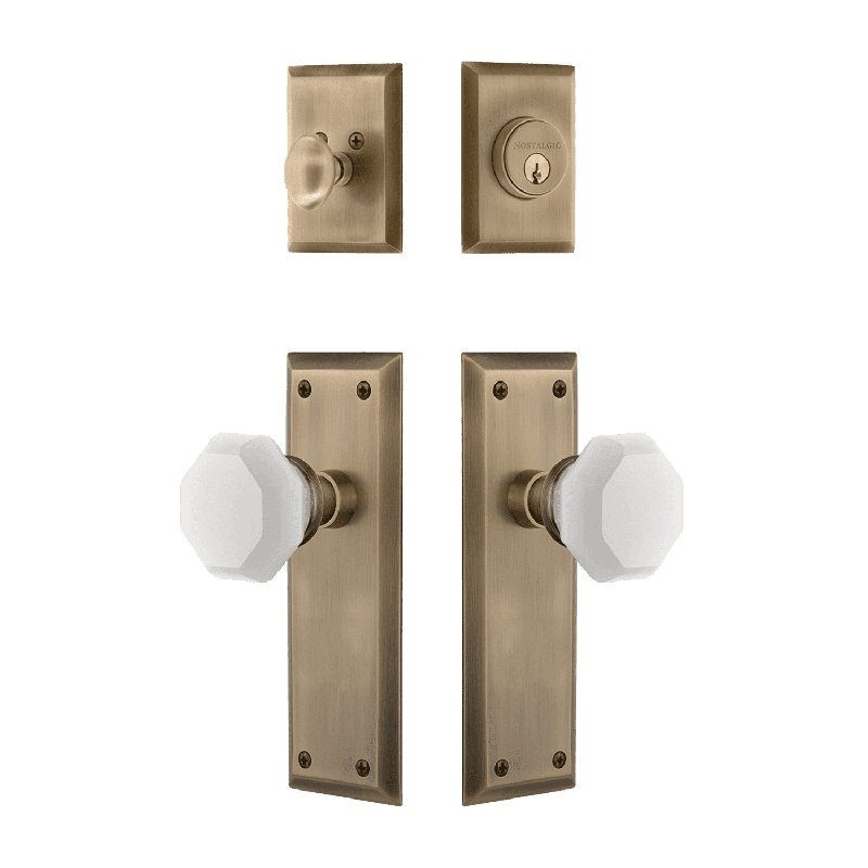 Nostalgic Warehouse New York Entry Set with White Waldorf Crystal Knob, Antique Brass, 2.75