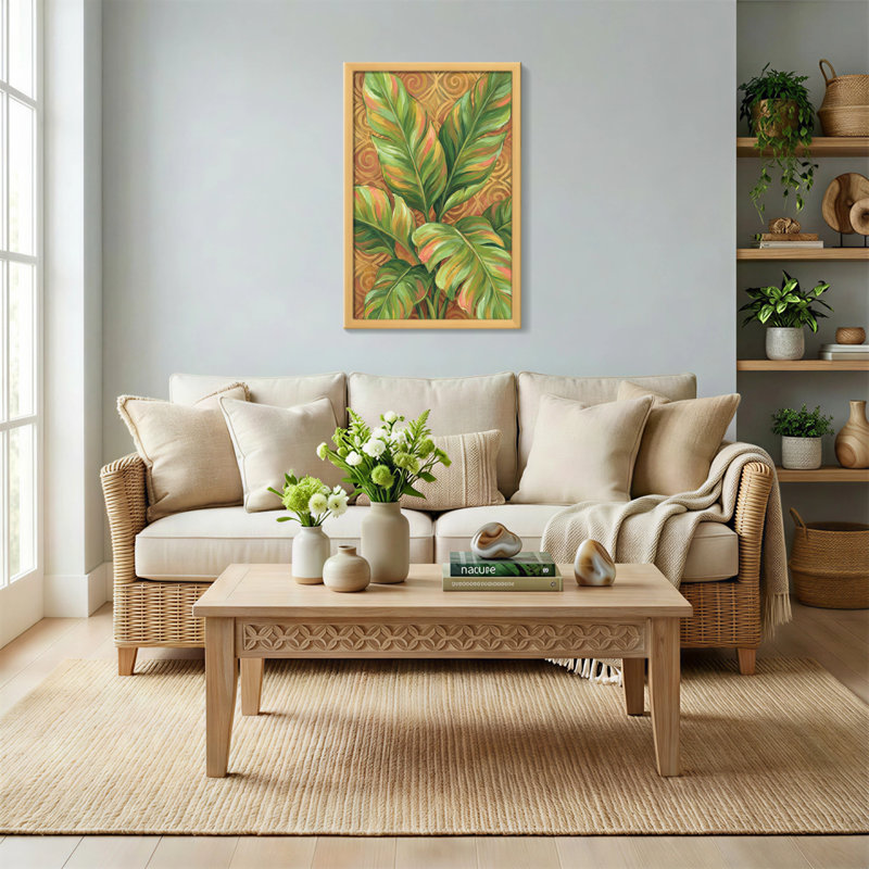 Plantes et fleurs à motif de feuilles tropicales sur fond tourbillonnant, H 16 po x l 24 po