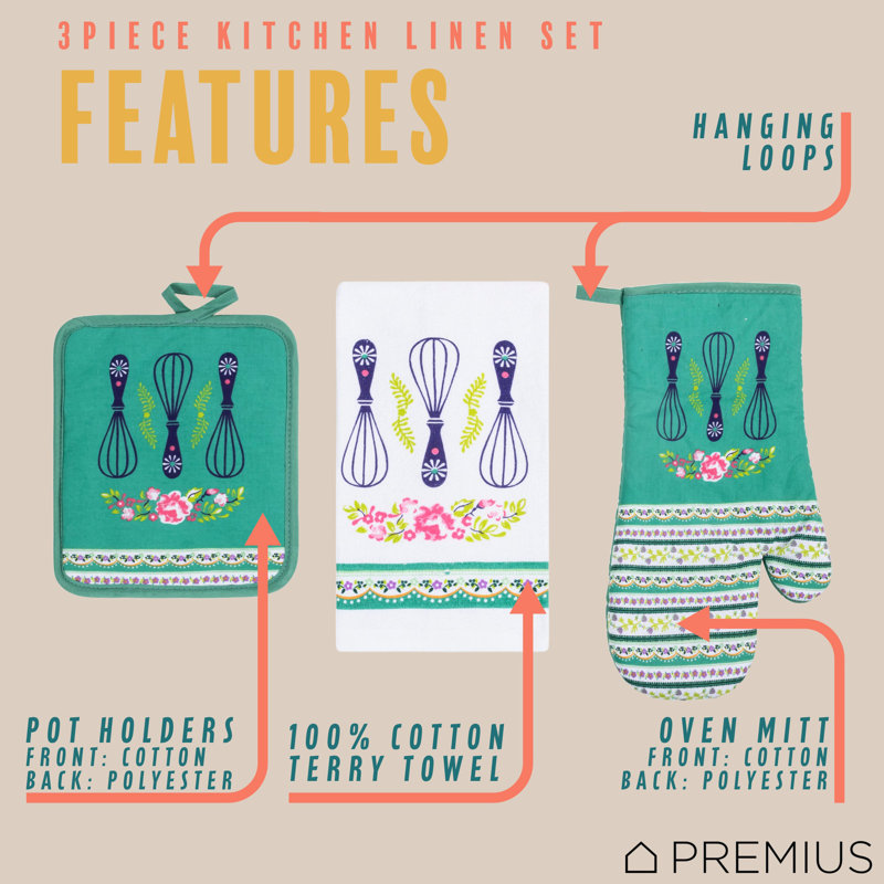 PREMIUS 3 Piece Printed Kitchen Linen Set, Grandma Whisks, 1 Cotton Towel, 1 Pot Holder, 1 Oven Mitt