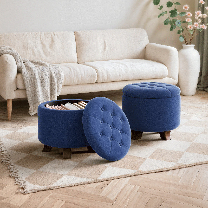 Upholstered Storage Ottoman Bench, Tufted Ottoman Footrest Round Footstool Foot Rest for Living Room, Navy