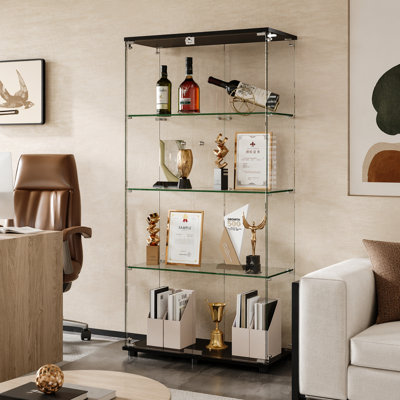 Glass Display Cabinet with 4-Shelf Double Doors and Lock, Curio Cabinet 5mm Tempered Glass Floor Standing Bookshelf for Living Room, Bedroom, Office, 64 x 31.7 x 14.3 in, Black