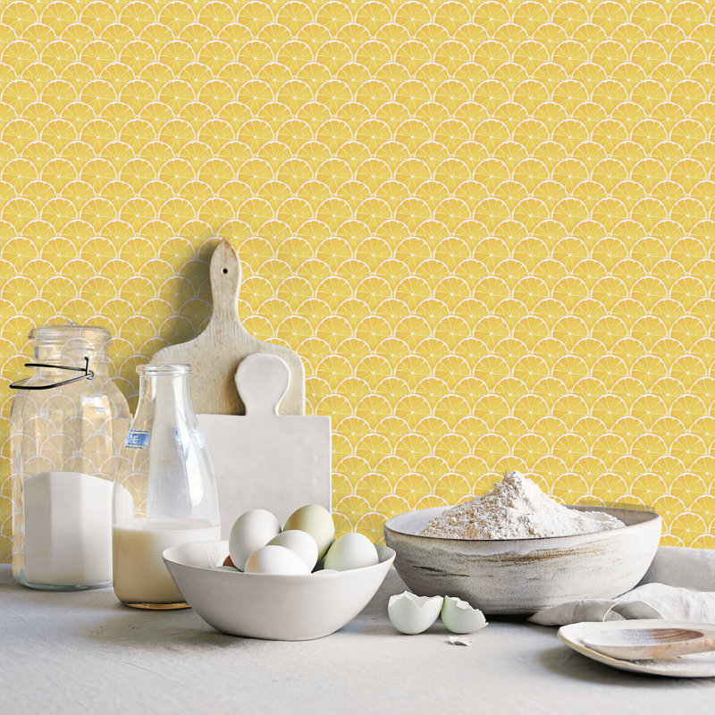 Just Kitchens Fruit Scallop Design 33' L x 21" W Wallpaper Roll, Yellow/White