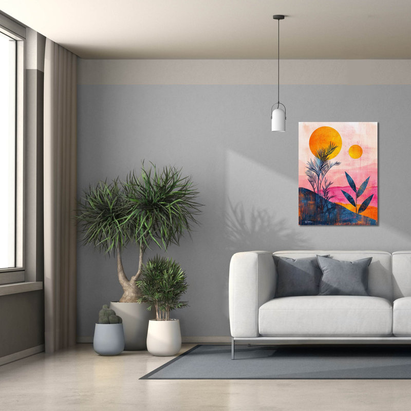 «Pink Midcentury Original Exclusive Geometric Moon And Sun 4» par Momart, art mural sur toile, H 34 po x l 26 po x P 1,5 po