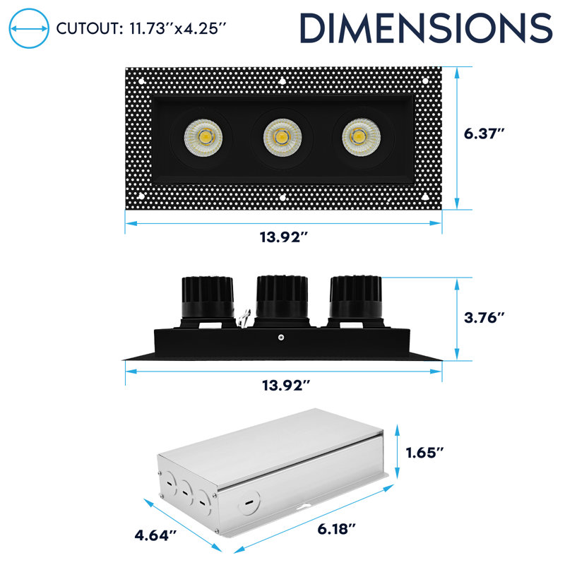 Luminaire encastré à DEL rectangulaire à 3 têtes LUXRITE, pivotant à 360 ° + 15 °, 5CCT, 45W, 3000LM, 60 °, double intensité variable, IC et humide