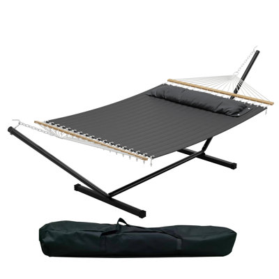 Hamac double debout avec structure en acier pliable et sac de transport, hamac ergonomique en coton d'une capacité de poids de 450 lb pour une utilisation intérieure, jardin, camping et plage, gris foncé