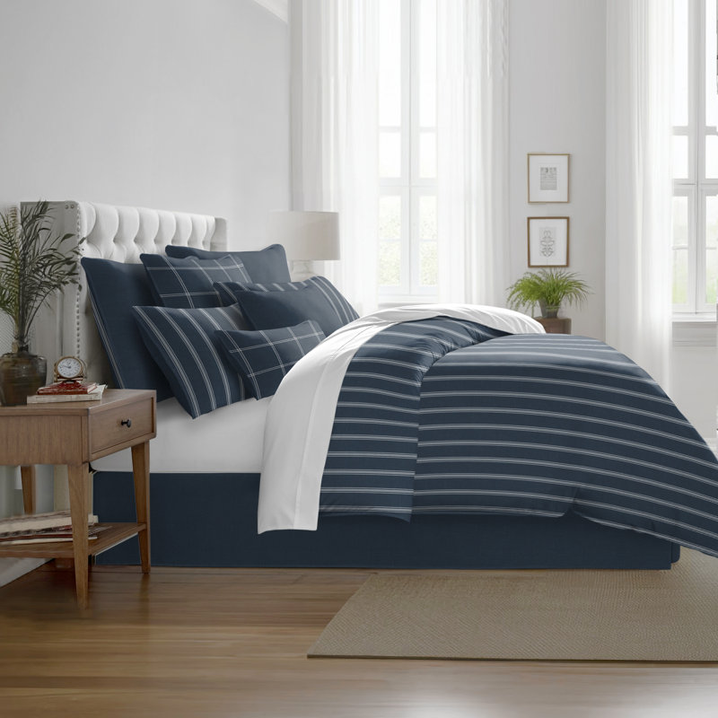 Shay Broad Ticking Stripe Dark Denim Cotton Comforter Set  8 Piece, Queen Comforter + 7 Additional Pieces