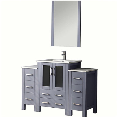 Deep gray bathroom countertop cabinet with side cabinet faucet set white ceramic countertop 22inch mirror