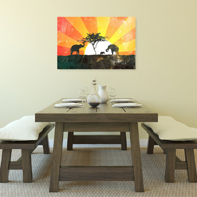 Savanna Sunset Elephants Abstract Contemporary Elephant Nature Sunrise Wall Art Print 1 Piece Wrapped Canvas Wall Art