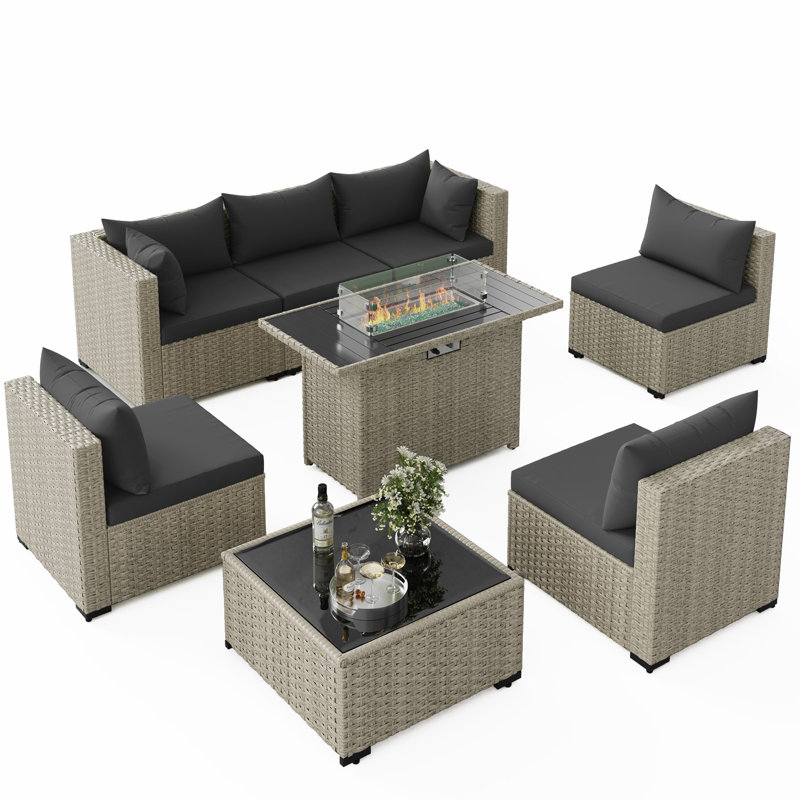 8-Piece Patio Conversation Set With Fire Pit Table, Coffee Table, And Cushions, Black