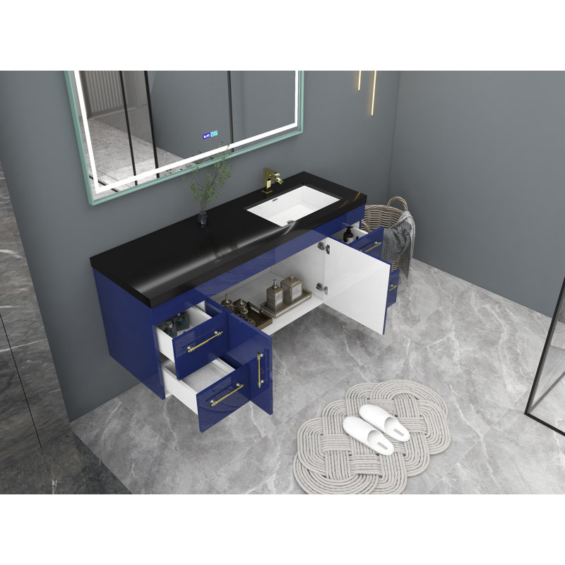 Ensemble de meuble-lavabo mural simple 60 po Campfort, Bleu nuit brillant, Or mat