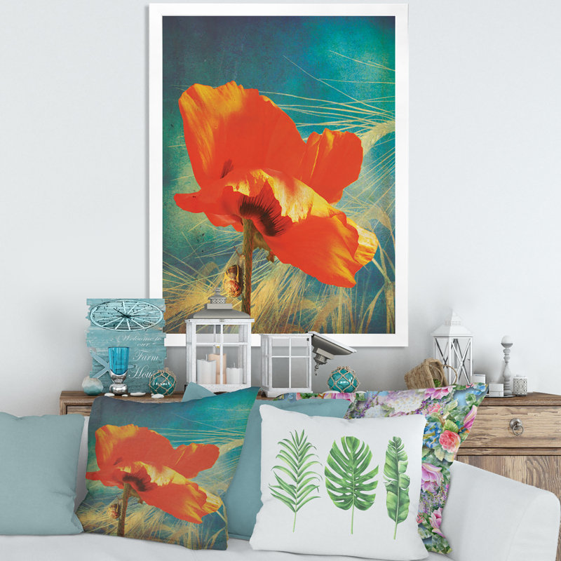 Coquelicot rétro - peinture sur toile, Cadre photo blanc, H 32 po x l 24 po x P 1 po