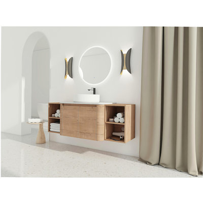 54'' Wall-Mounted Bathroom Vanity With Ceramic Art Sink, and 2-Storage Shelves, 2-Soft-Close Door, KD-Packing, Plywood
