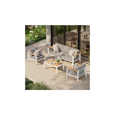 Ensemble de conversation pour patio 4 pièces - Ensemble modulaire avec table basse et coussins lavables, blanc
