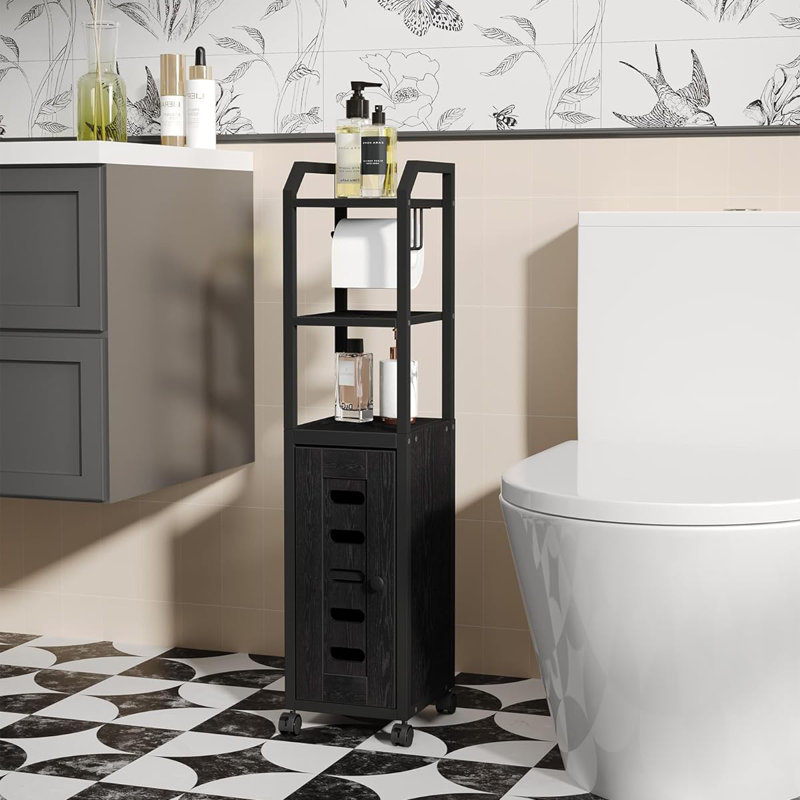 Black Compact Bathroom Storage Cabinet with Adjustable Shelf and Wheels