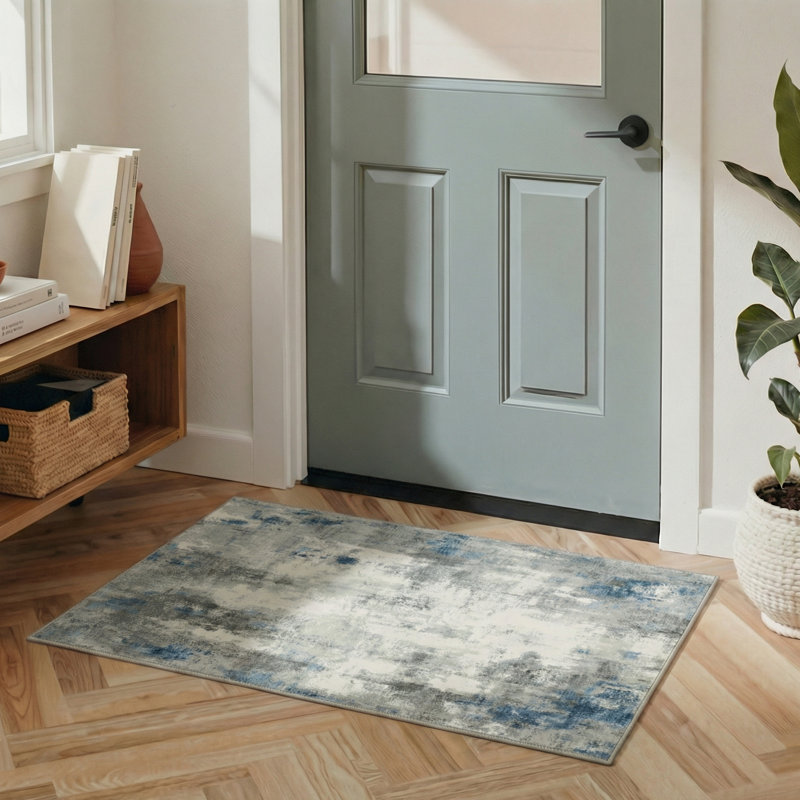 Atlas Modern Abstract Machine Washable Gray / Blue / White Indoor Area Rug with Non-Slip Backing, Rectangle 6' x 9'