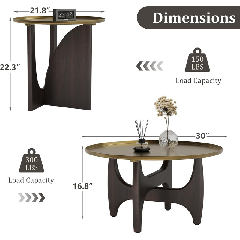 Ensemble de table de salon à plateau rond en or brossé de 30 pouces avec tables de bout et base en noyer massif