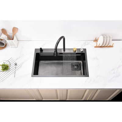 Nano 304 Stainless Steel Kitchen Sink - Large Single Slot Basin With Drainage Control Knob Gray Flying Rain Waterfall And Easy To Clean