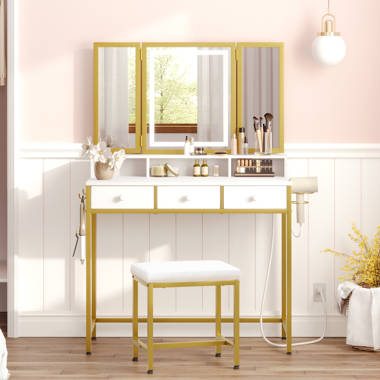 White and Gold Vanity Desk with Lighted Mirror