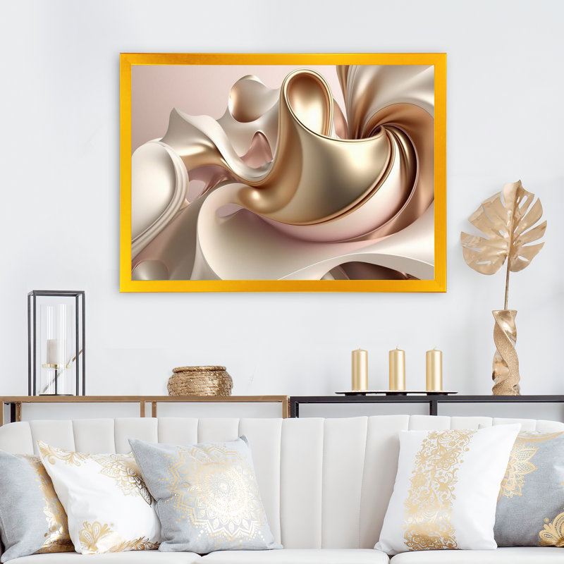 Subtile sophistication en rose exquis et or I - art abstrait à encre liquide, H 34 po x l 44 po, Cadre photo unique, Gold