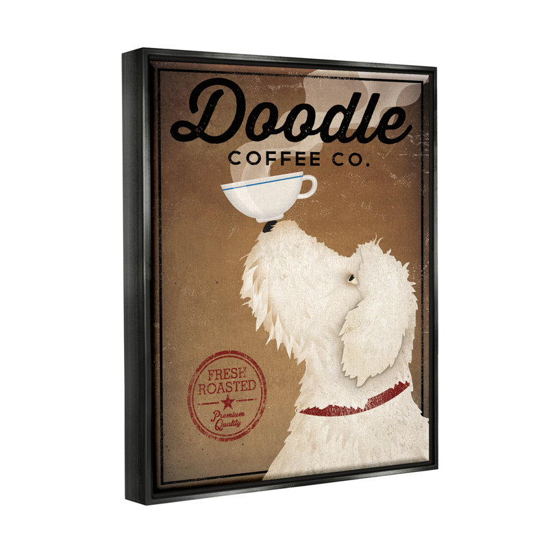 «Vintage Doodle Coffee Dog Sign» par Ryan Fowler, impression sur toile, H 21 po x l 17 po x P 1,7 po, Cadre noir
