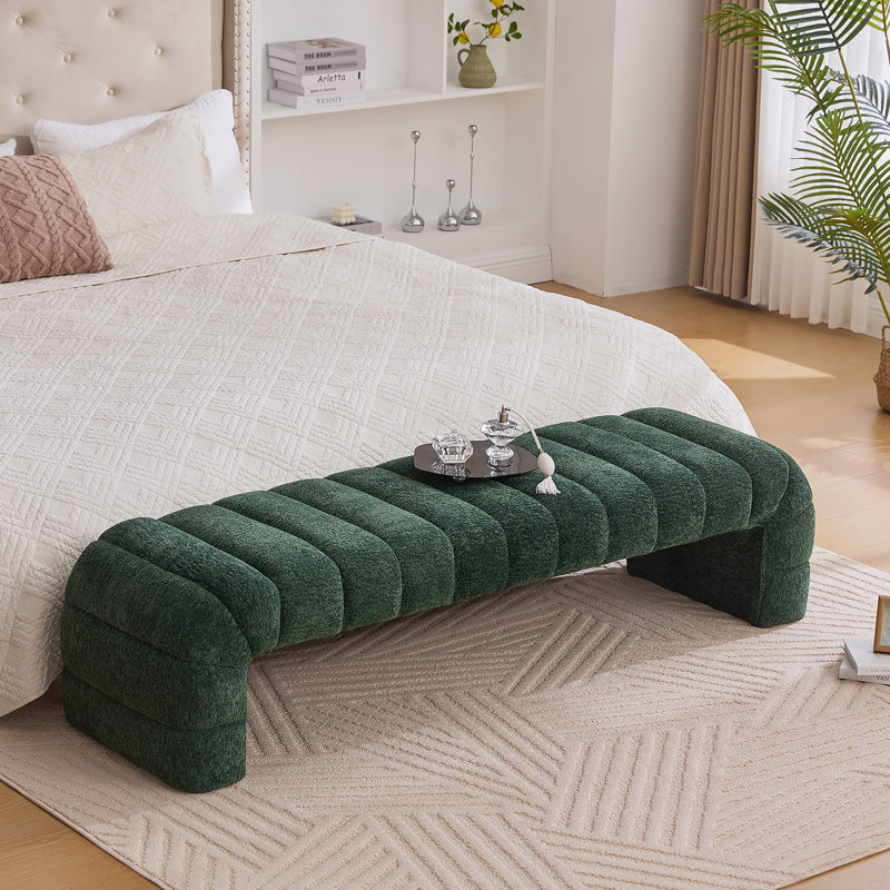 69.7"Wide Modern Upholstered Armless Bed Bench, Channel Tufted Couch Daybed Chaise, Chenille Ottoman Foot Stool For Living Room And Bedroom, Entryway, Green
