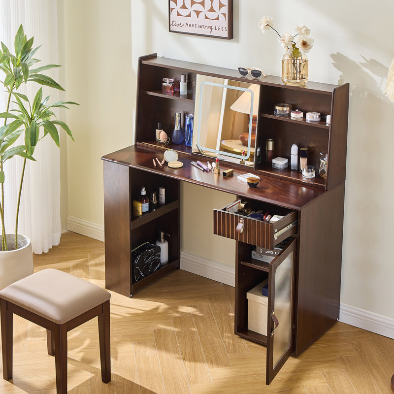 Meuble-lavabo élégant avec miroir réglable réglable 3 modes, coiffeuse moderne avec grandes tablettes, tiroir et armoire, finition noyer