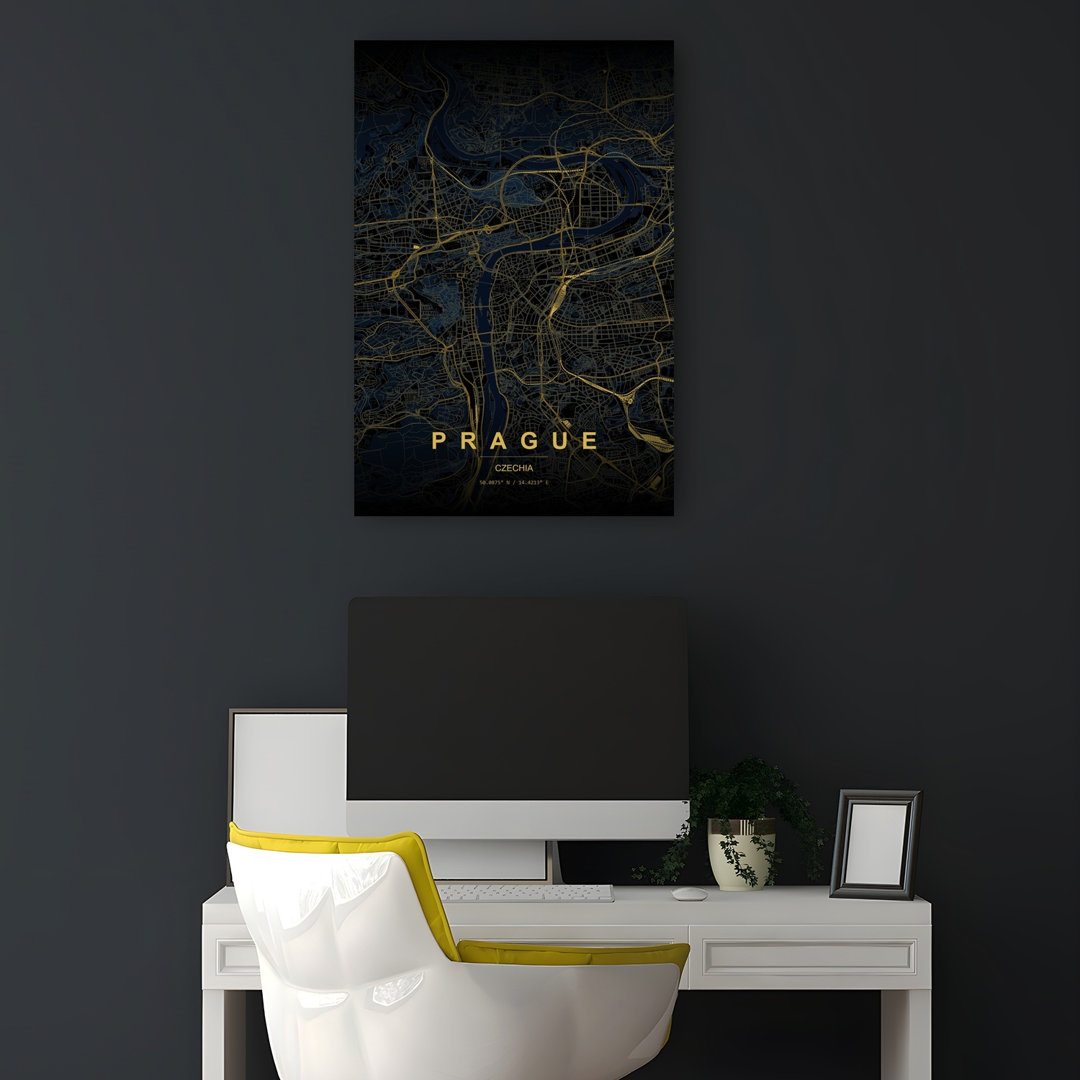 Golden Prague Map Abstract Modern Architecture City Wall Art Print