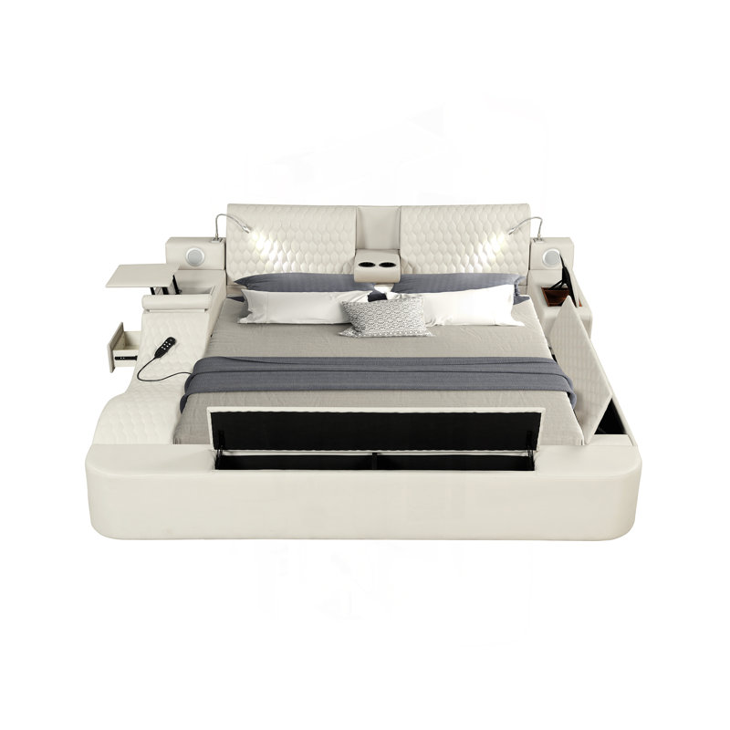 Grand lit multifonctionnel intelligent fabriqué en bois, Beige