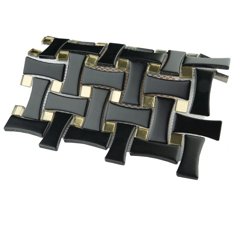 Metro Dog Bone Basketweave 0.92 In. X 2.26 In. Porcelain Basketweave Mosaic Wall Tile, Matte Black w/Glass Gold Dot