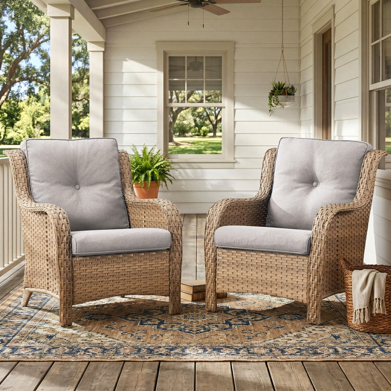 Ensemble de 2 chaises de patio en osier avec dossier haut, siège en rotin PE toutes saisons pour terrasse, Beige, Naturel