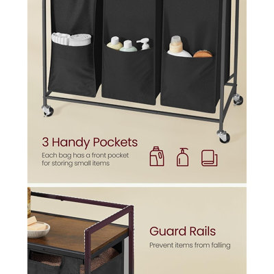 3-Section Rolling Laundry Sorter with Removable Bags, Storage Shelf and Side Pockets, Wheeled Laundry Hamper Cart, Black and Rustic Brown