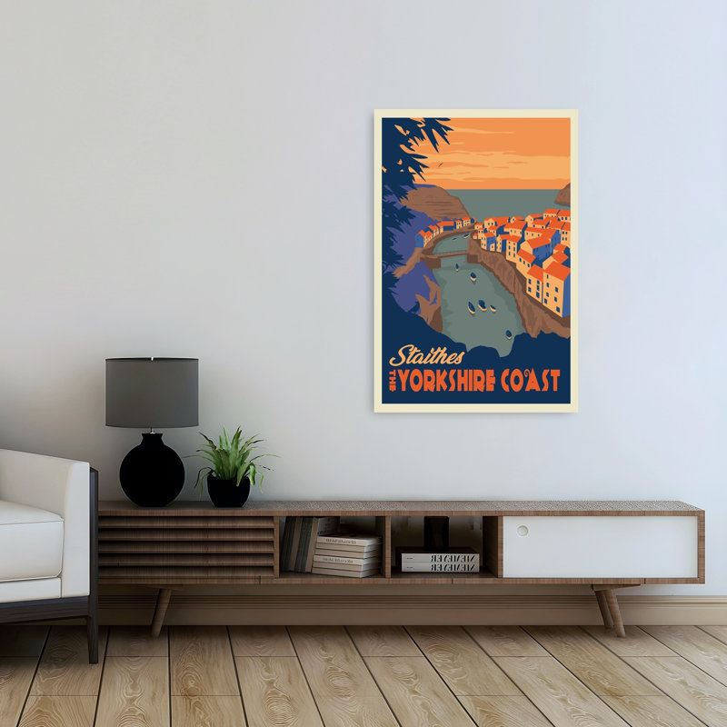 Staithes, Yorkshire, vue côtière, affiche murale abstraite rétro vintage représentant un paysage côtier, H 48 po x l 32 po