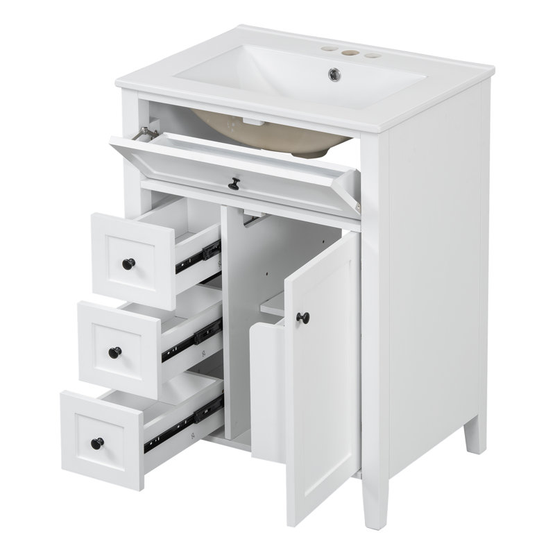 Meuble-lavabo de 24 po avec lavabo, panneau de fibres à densité moyenne et bois d'hévéa, 3 tiroirs et armoire avec tablettes réglables, conception moderne pour les petites et moyennes salles de bain