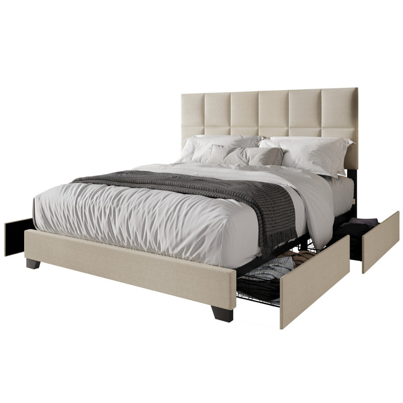 Lit plateforme tapissier avec rangement Lawi, Grand, Beige