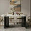 Table de salle à manger rectangulaire en verre trempé avec motif en marbre et pieds en métal noir évidé