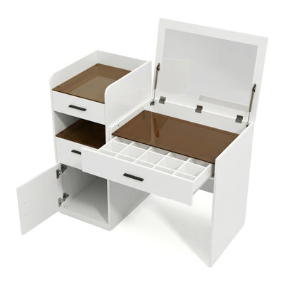 Vanity Featuring A Flip-top Mirror, Glass Top, Compact Design, And Hidden Storage, Complete With Three Drawers And A Cabinet