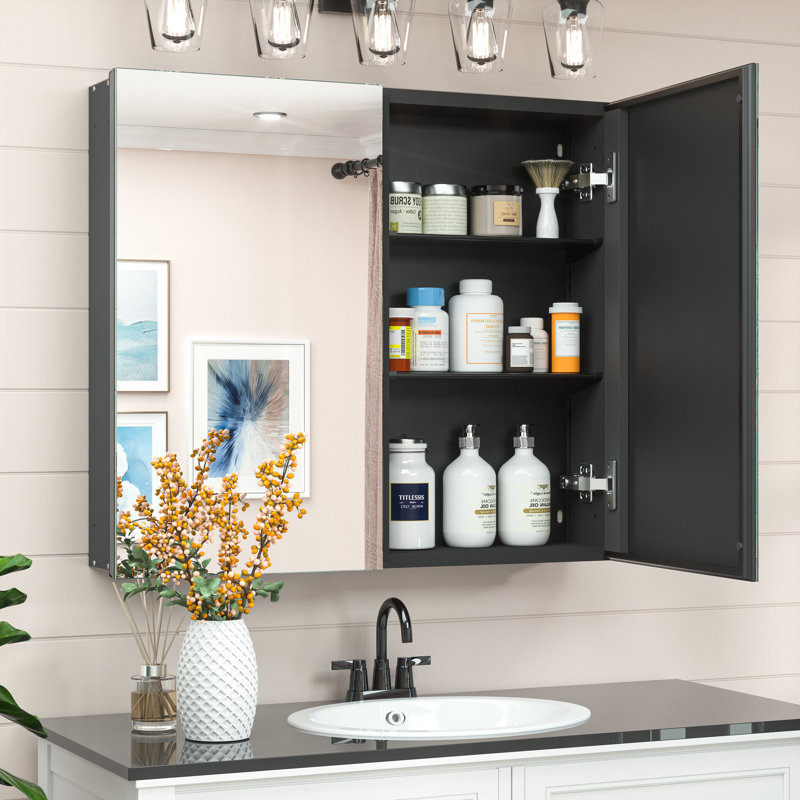 Husai Recessed or Surface Mount Aluminum Frameless Medicine Cabinet With Mirrored Door and Adjustable Shelves, Black